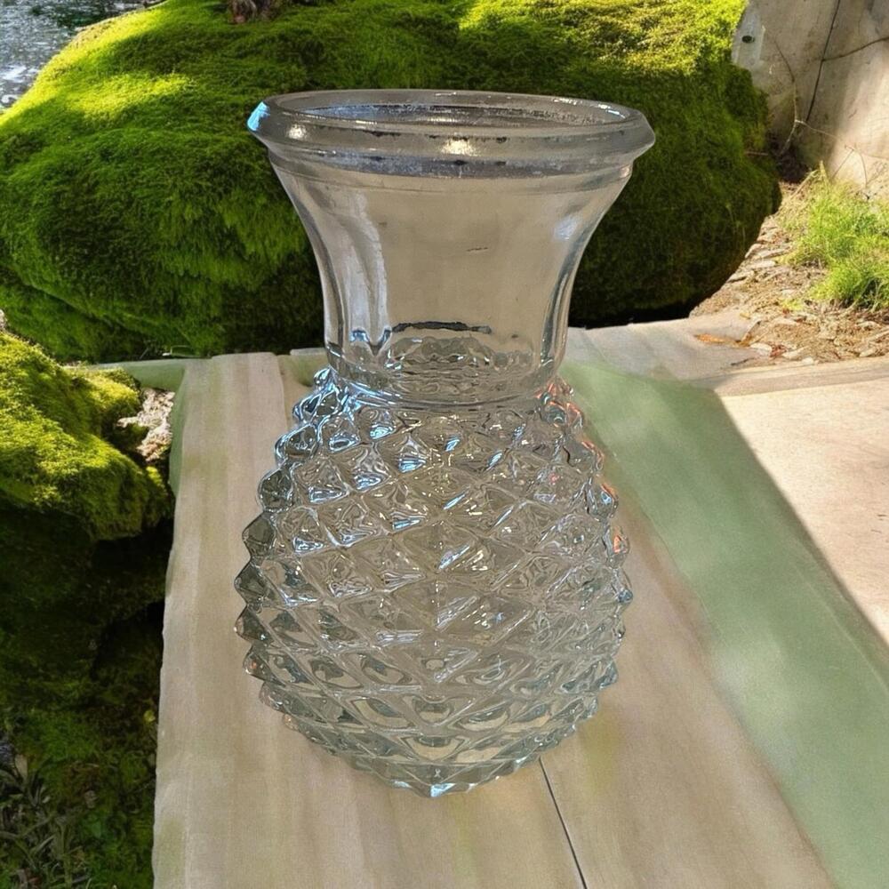 Vintage Clear Pineapple Shaped Floral Vase Diamond Point Pressed Glass, FTD 1984